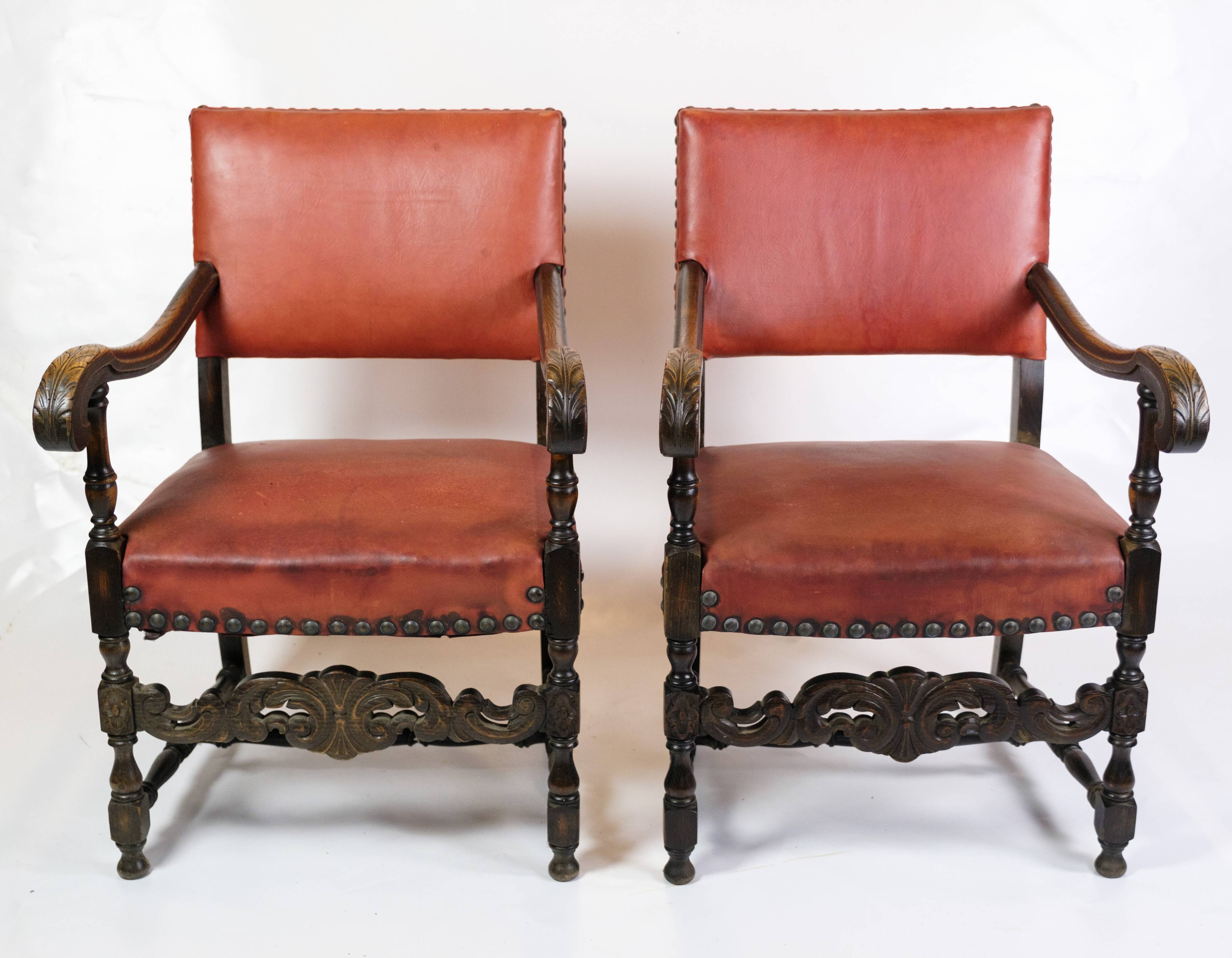 Set Of 2 Antique Armchairs Made In Oak & Red Leather From 1930s