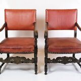 Ensemble de 2 fauteuils anciens en chêne et cuir rouge des années 1930