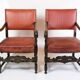 Set Of 2 Antique Armchairs Made In Oak & Red Leather From 1930s