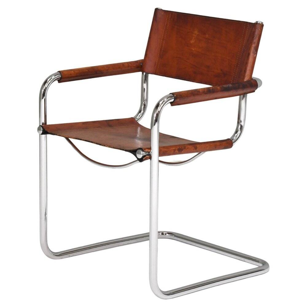 S34 dining armchair in cognac saddle leather by Mart Stam for Fasem, 1970s