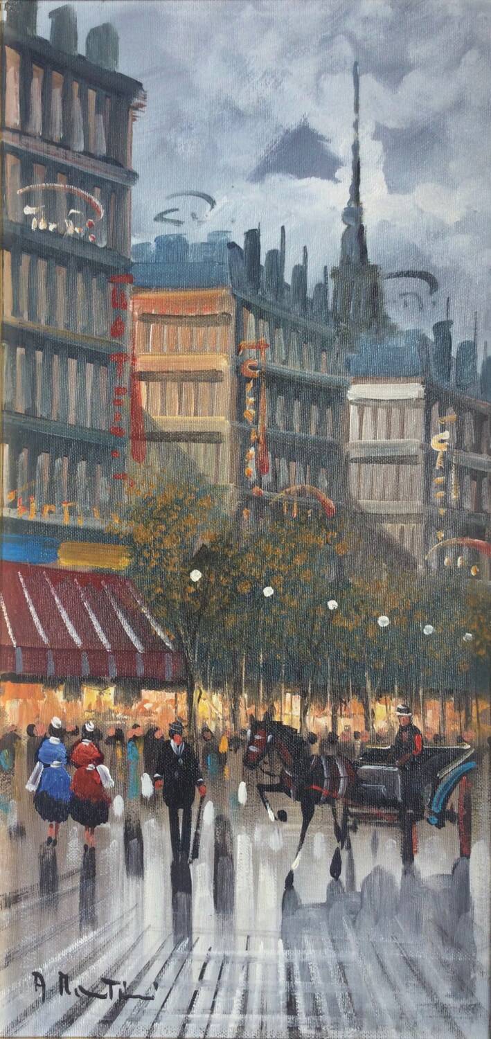A. martini, active 20th century. the grand boulevards. oil on canvas.