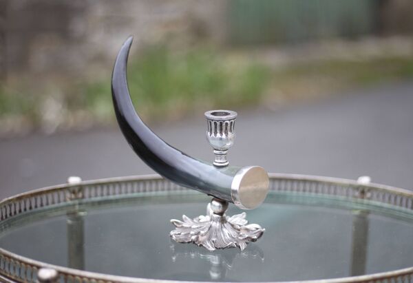 Bougeoir signé Alice Joly, bougeoir corne et métal argenté, porte-bougie, décoration intérieur