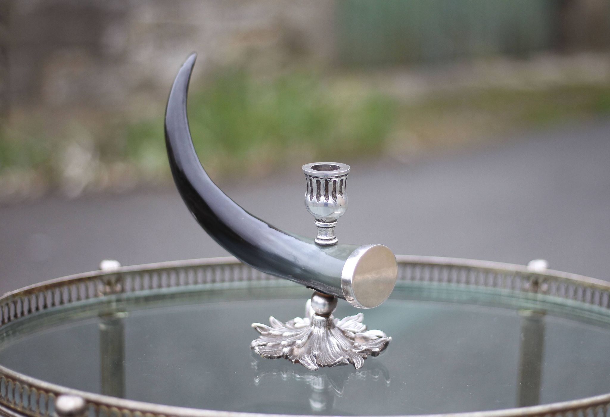 Candle holder signed Alice Joly, horn and silver metal candle holder, candle holder, interior decoration