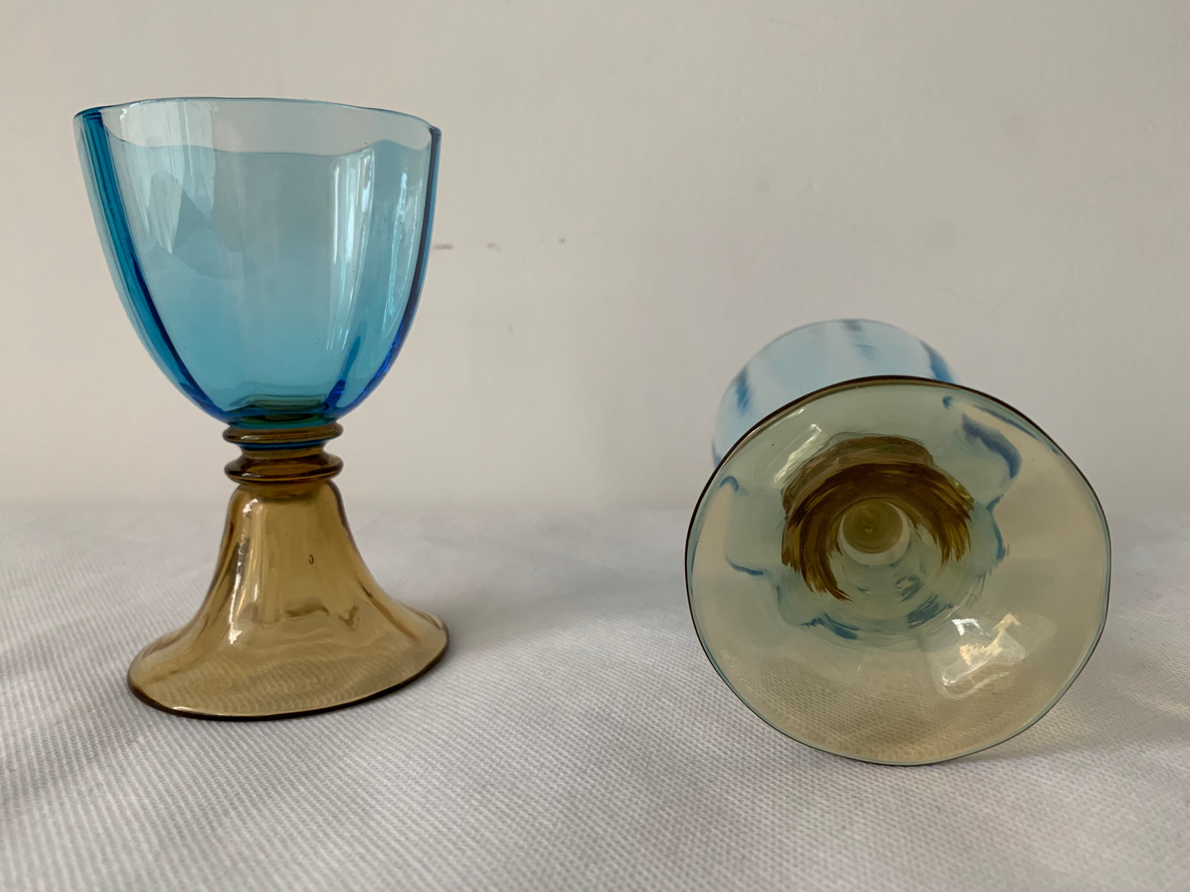 5 glasses in amber and blue crystal George Sand diabolos 19th century