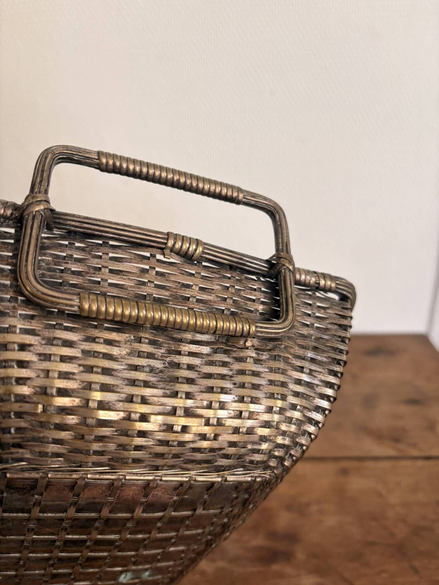 Vintage 1950s silver metal braided fruit basket