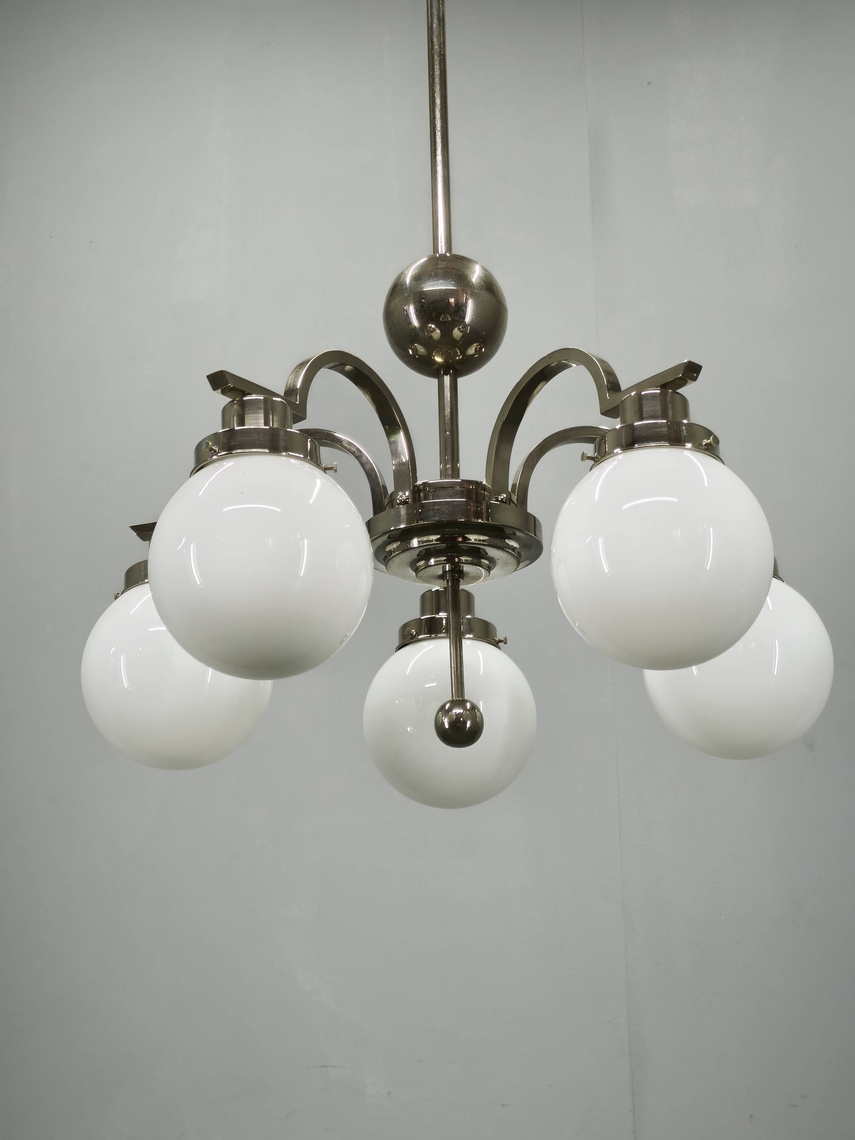 Art Deco Five-Light Chrome Chandelier, Czechoslovakia, 1930s