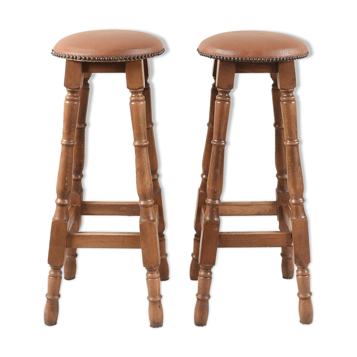 Antique bar stools, brown leather and wood