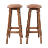 Antique bar stools, brown leather and wood