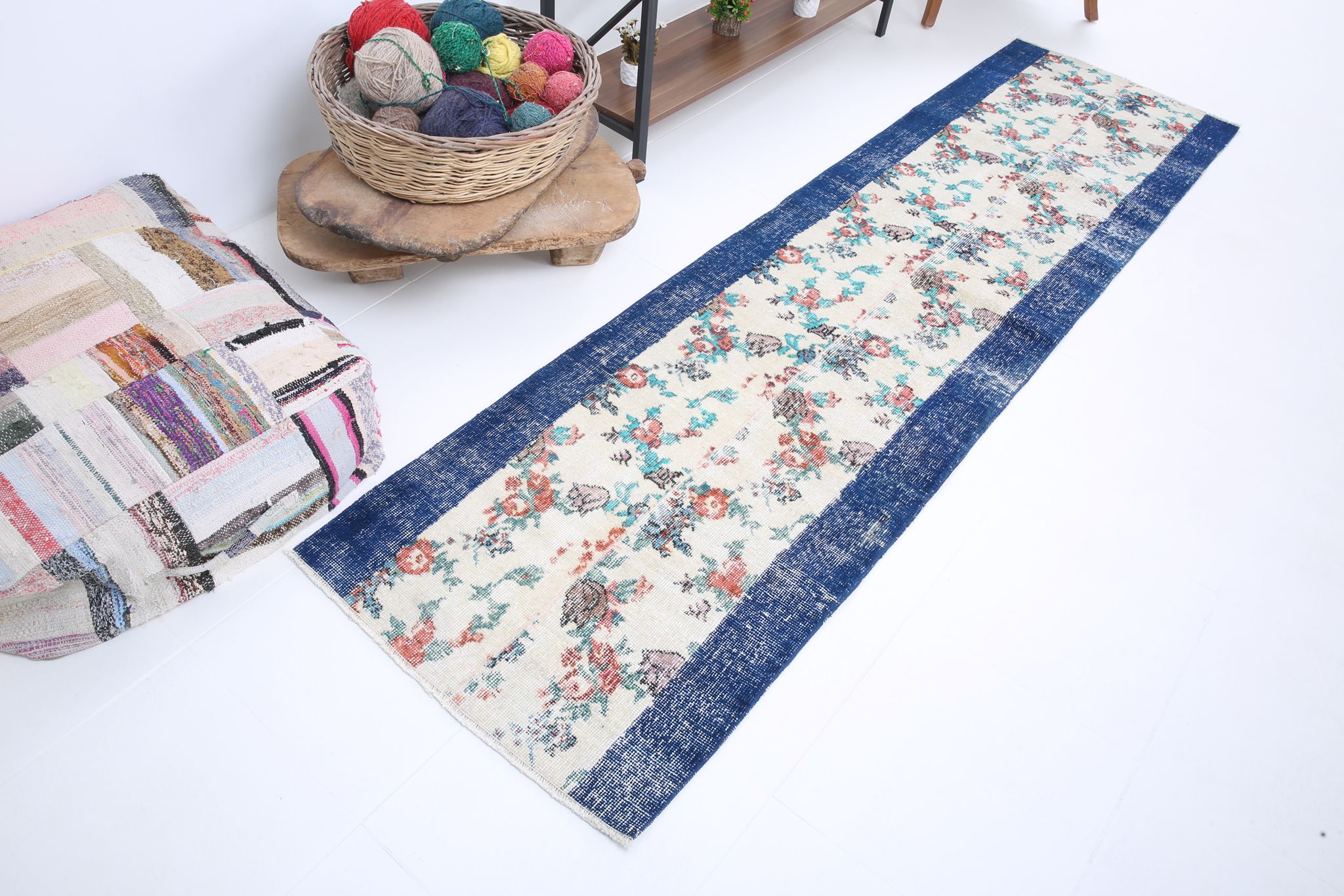 Blue floral vintage runner rug 275x74cm