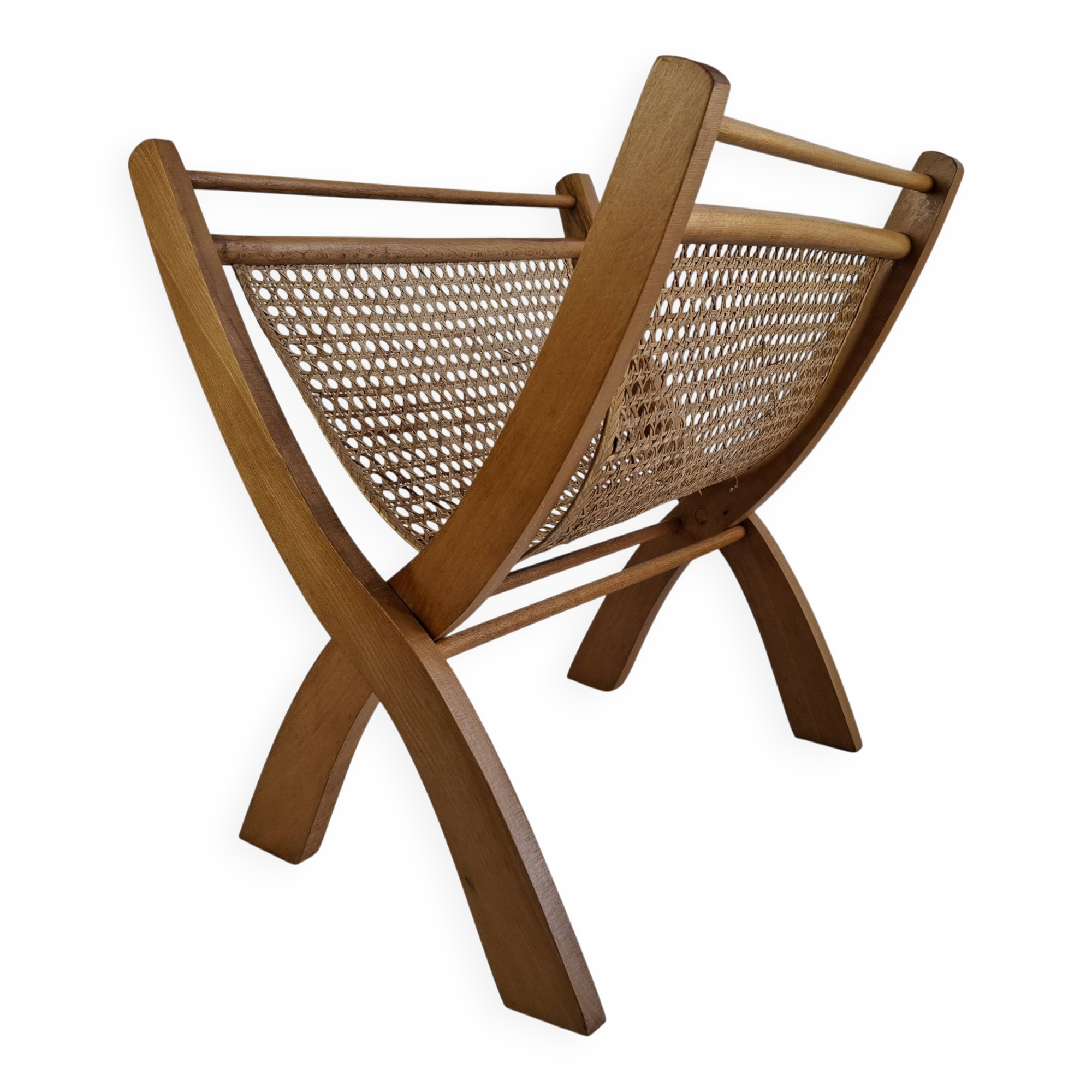 Vintage Mid-Century Wooden and Rattan Folding Magazine Rack, Czechoslovakia