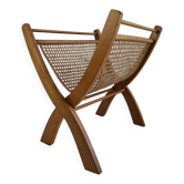 Vintage Mid-Century Wooden and Rattan Folding Magazine Rack, Czechoslovakia