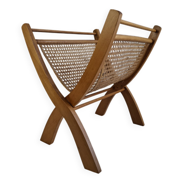 Porte-revues pliant en bois et en rotin vintage des années 50, Tchécoslovaquie
