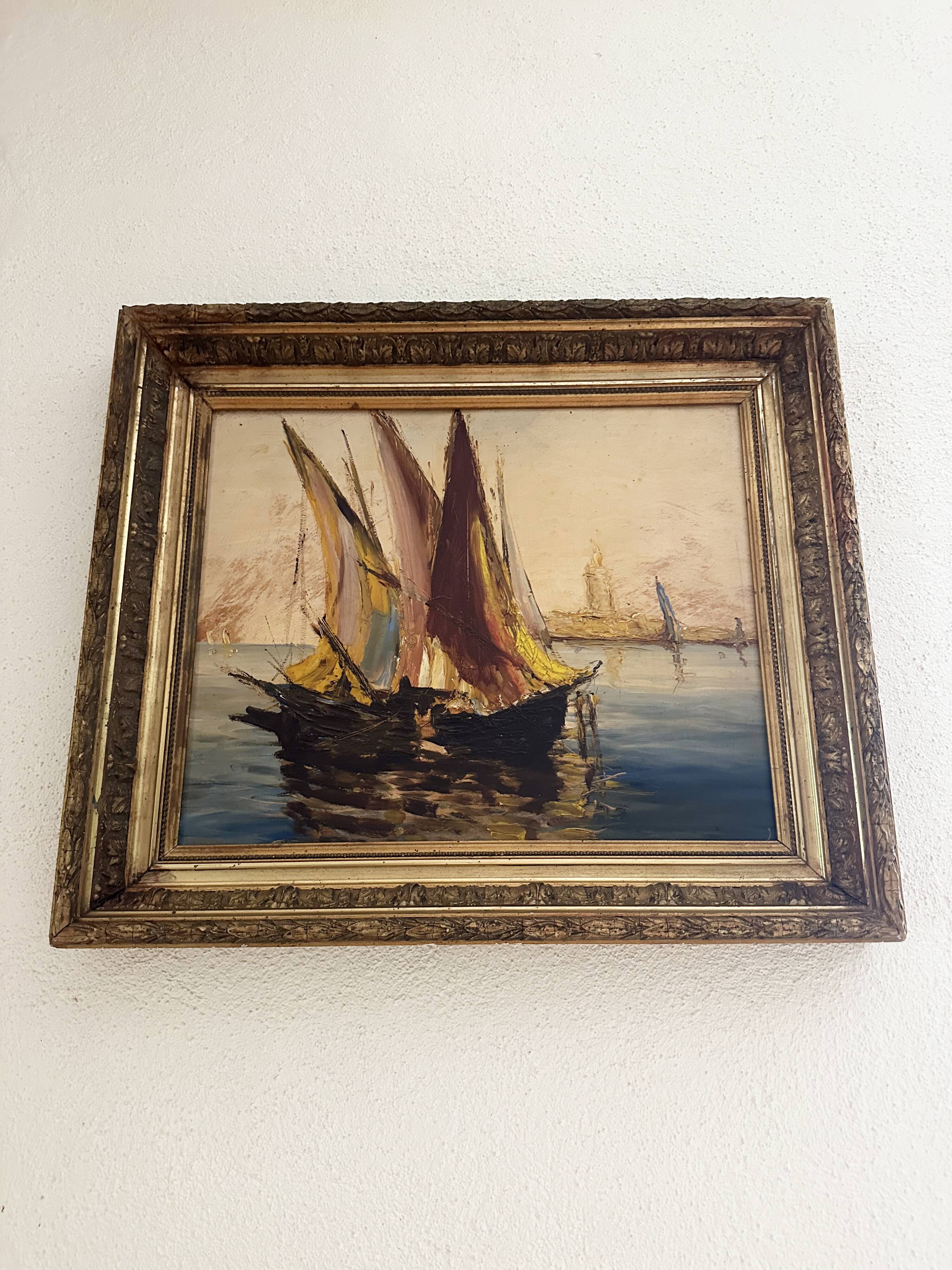 Very old painting of a Mediterranean port.