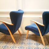 Pair of chairs Scandinavian wing stripes cocktail years 50 Blue