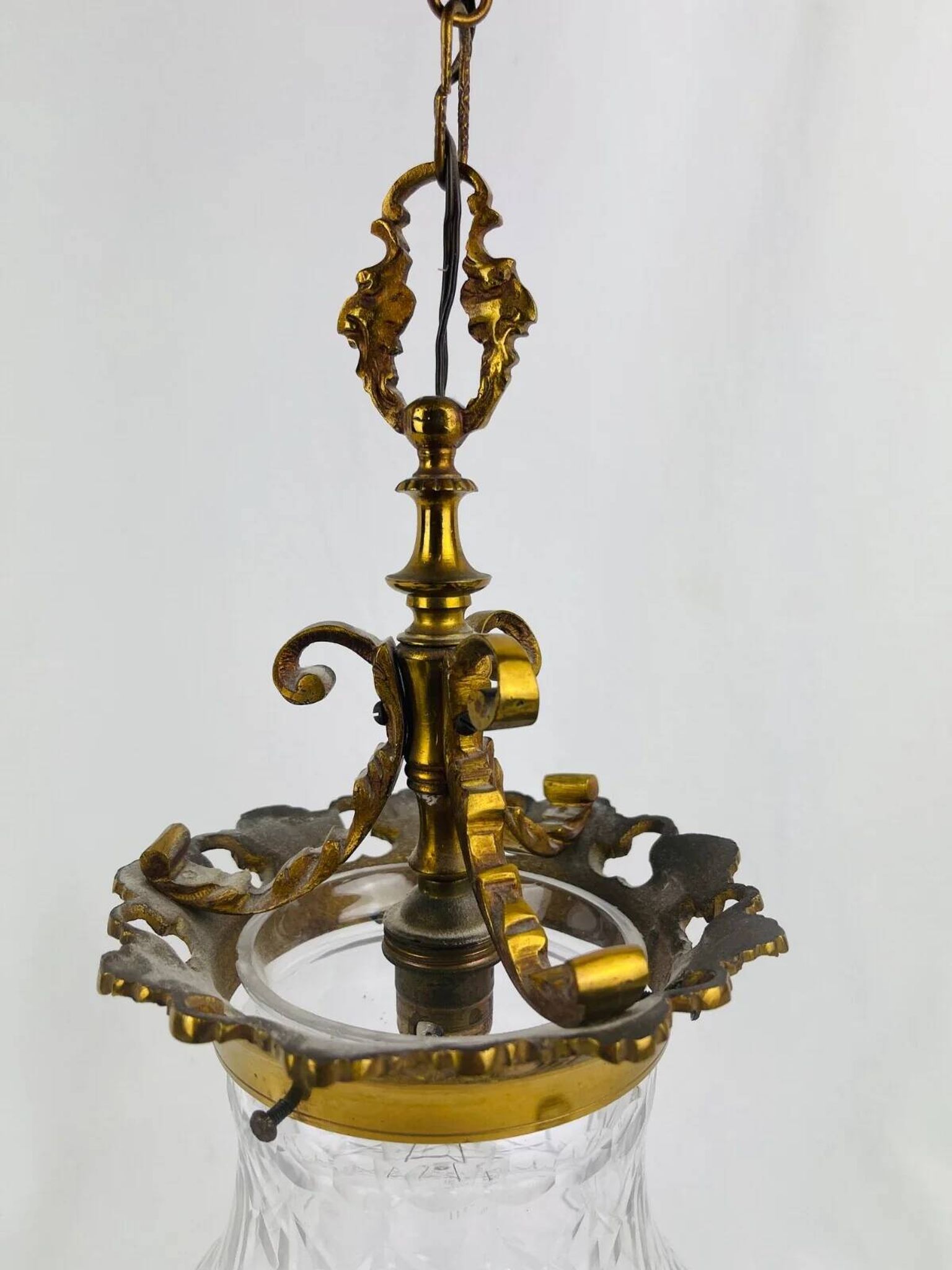 Suspension lantern in gilded bronze and engraved glass, Louis XVI style.
