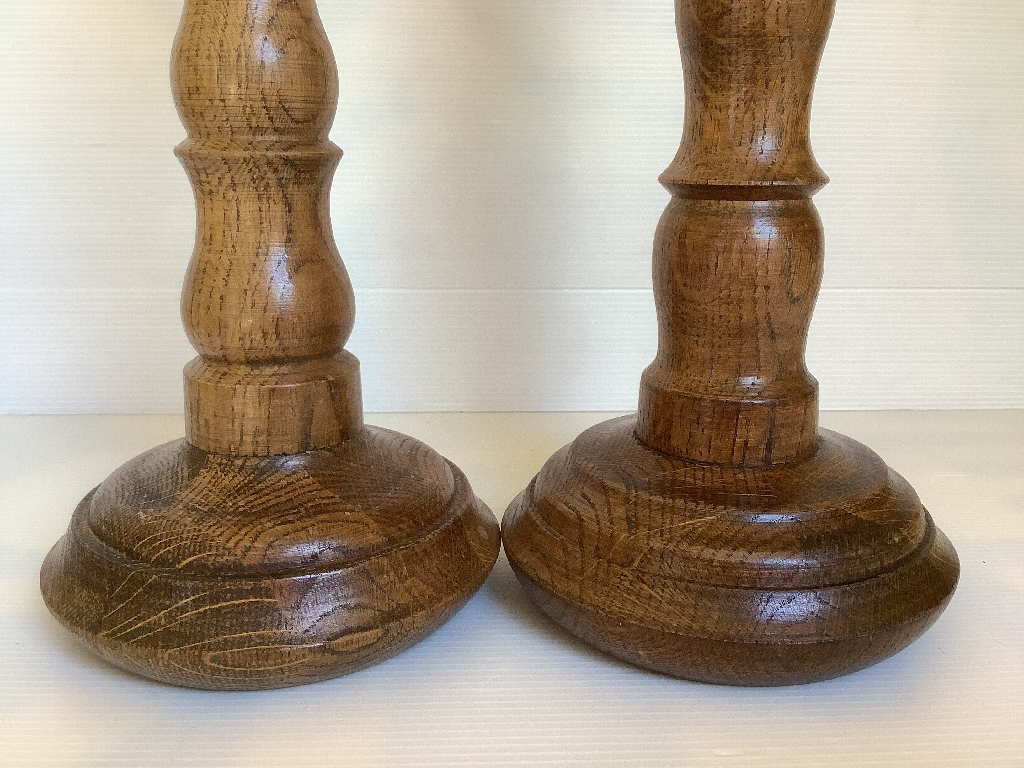 Pair old large wooden candle holders brutalist