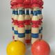 Bowling game 1920 art pop red blue white yellow 2 balls old toy