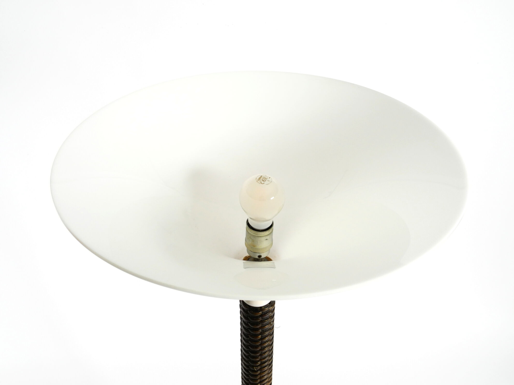 XL 70s Tulip floor lamp with a brown wicker frame and a plexiglass shade