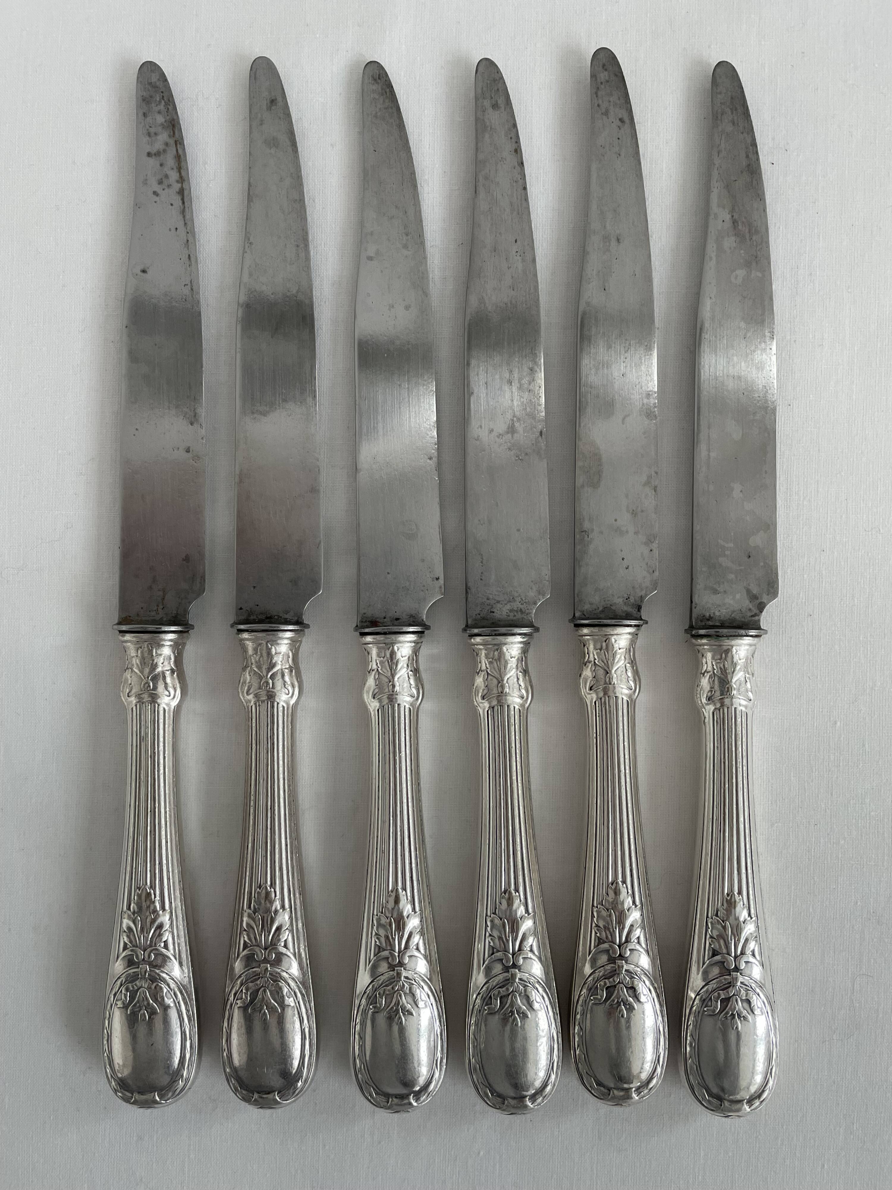 Knife set, Charles Christofle, silver plated metal, Art Nouveau, plant decoration, cheese, large