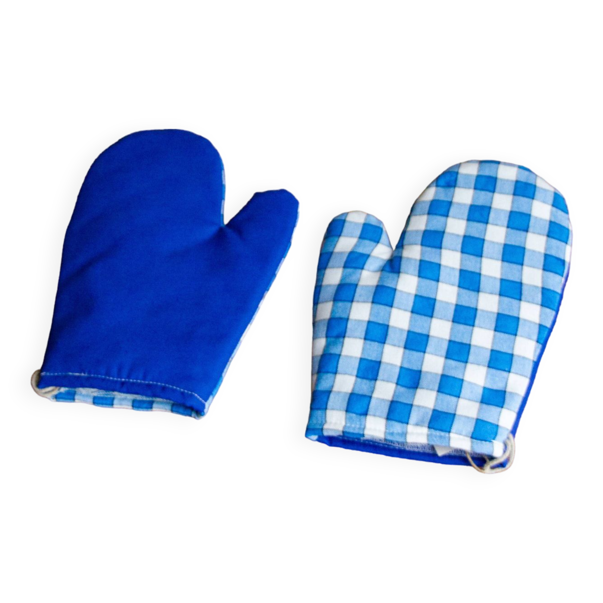 Gloves, overalls, blue bistro checks