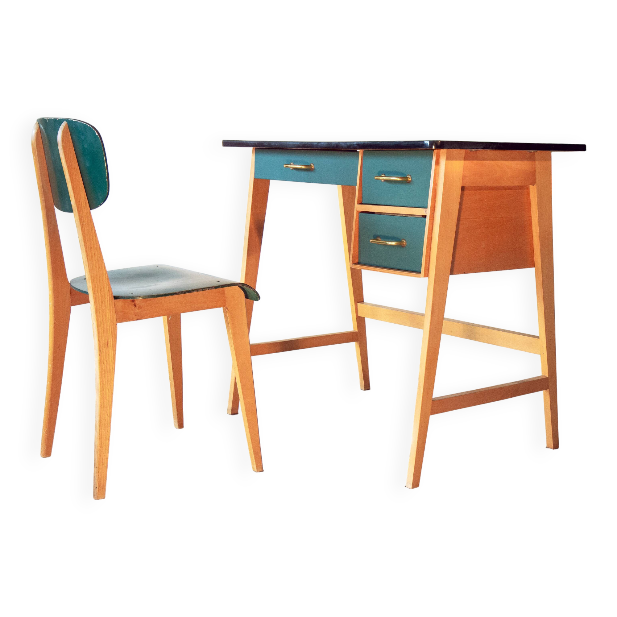 Desk and its green and wood chair, 1950s