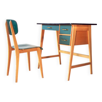 Desk and its green and wood chair, 1950s