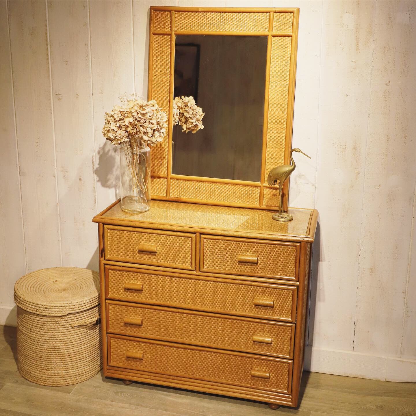 Dresser and its rattan mirror, 1960s