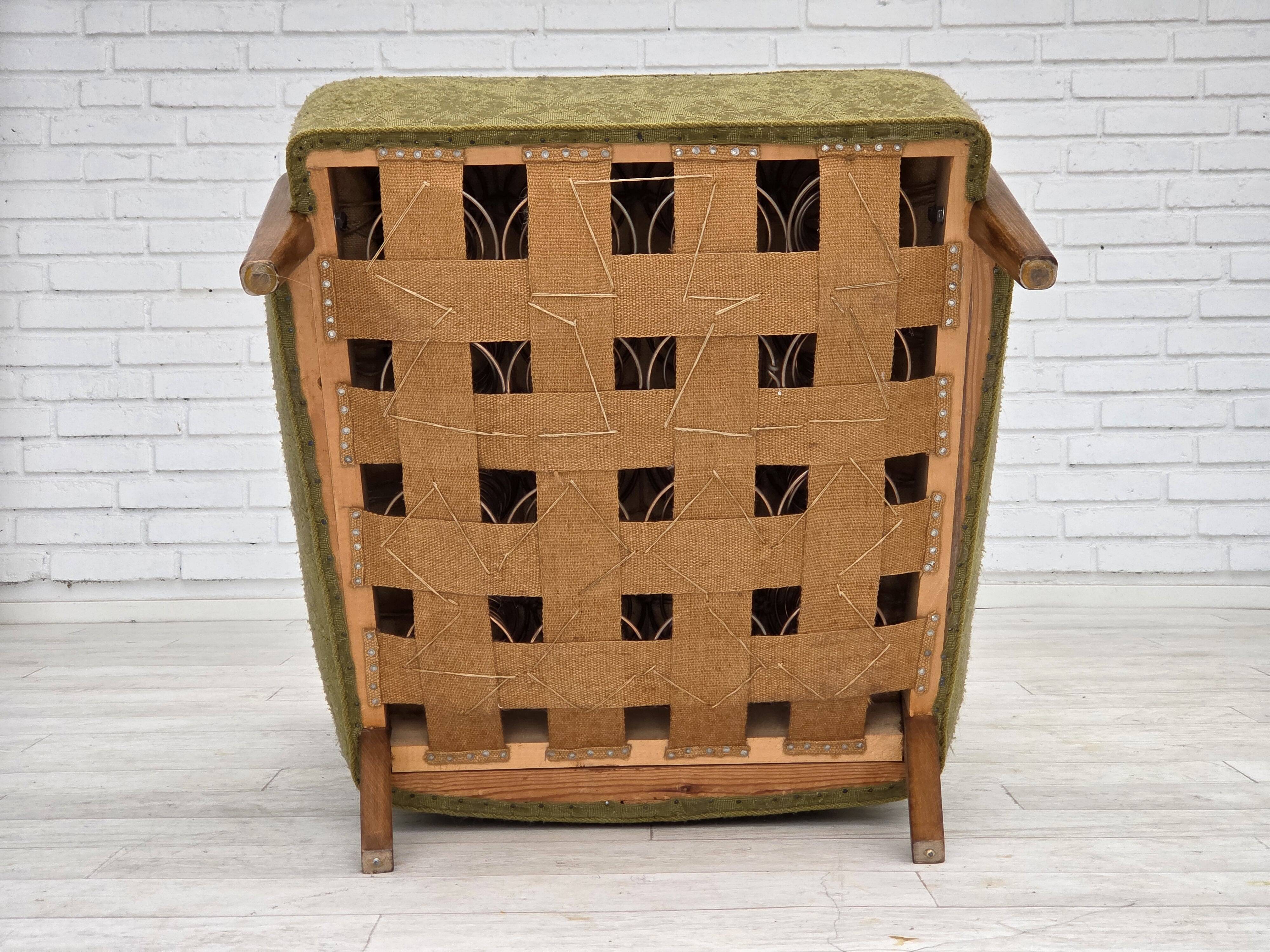 1960s, Danish armchair, original green furniture velour, ash wood