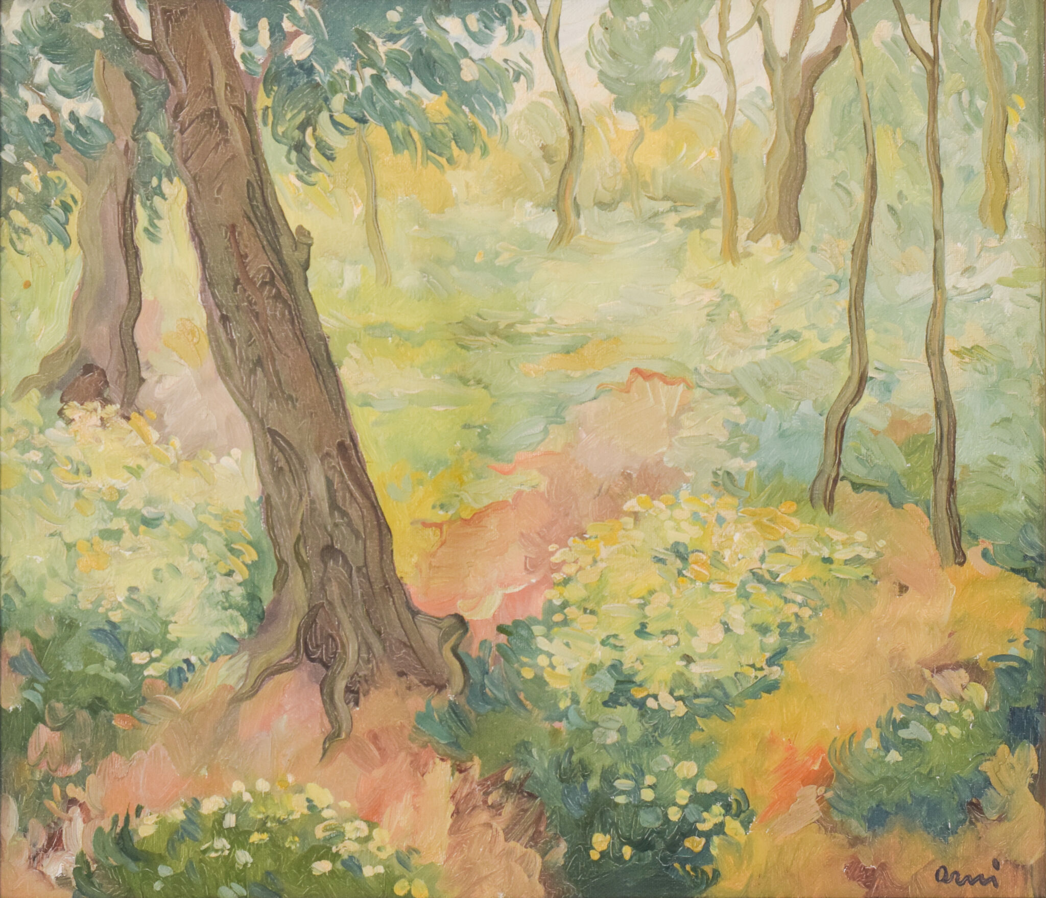 Impressionist wooded landscape with flowers