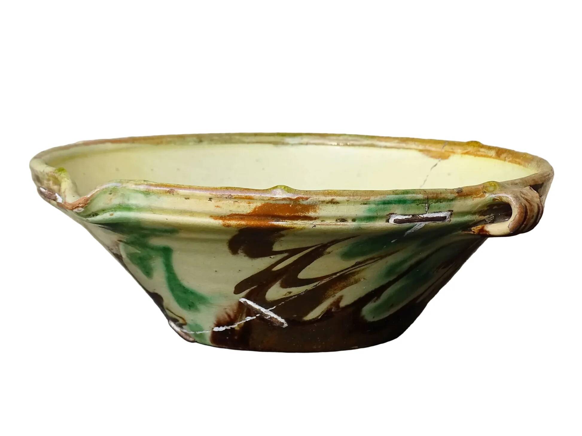 French antique ceramic bowl with jaspe glaze, Savoyard