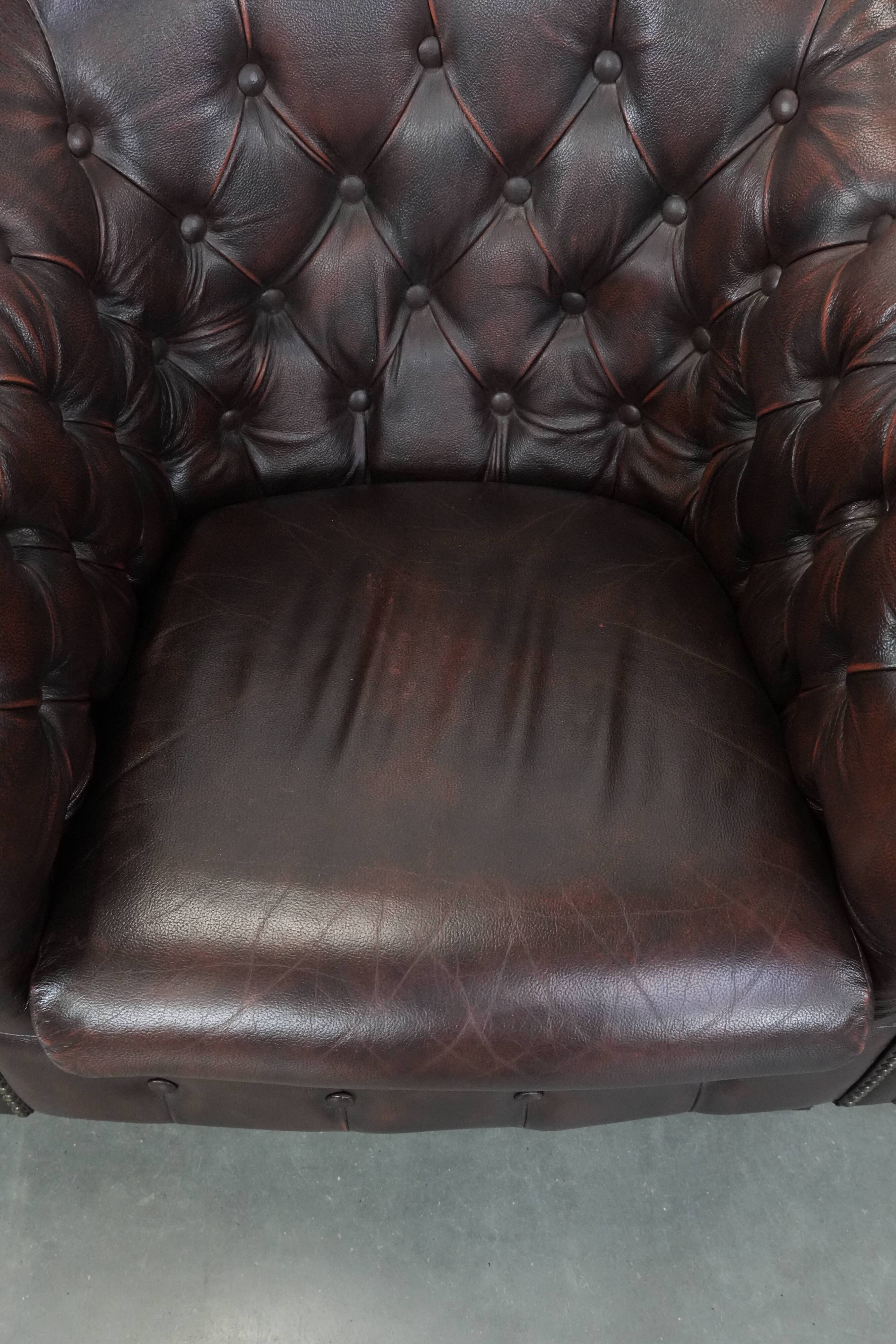 Set of three classic English-style Chesterfield cowhide  club armchairs