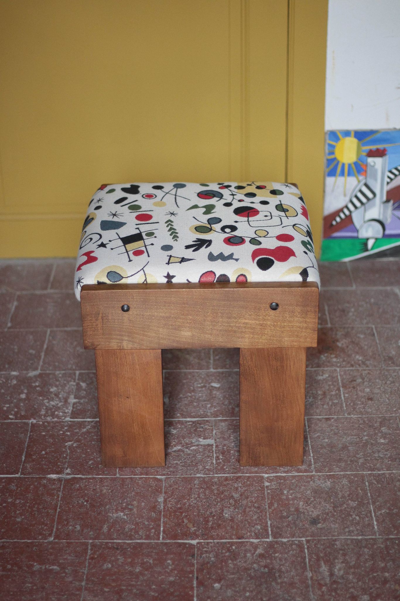 Set of 3 beech wood stools with fabric upholstery in the style of Miro.