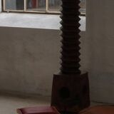 Danish sculpted oak stool from the mid-20th century with a red leather seat, 1950s.