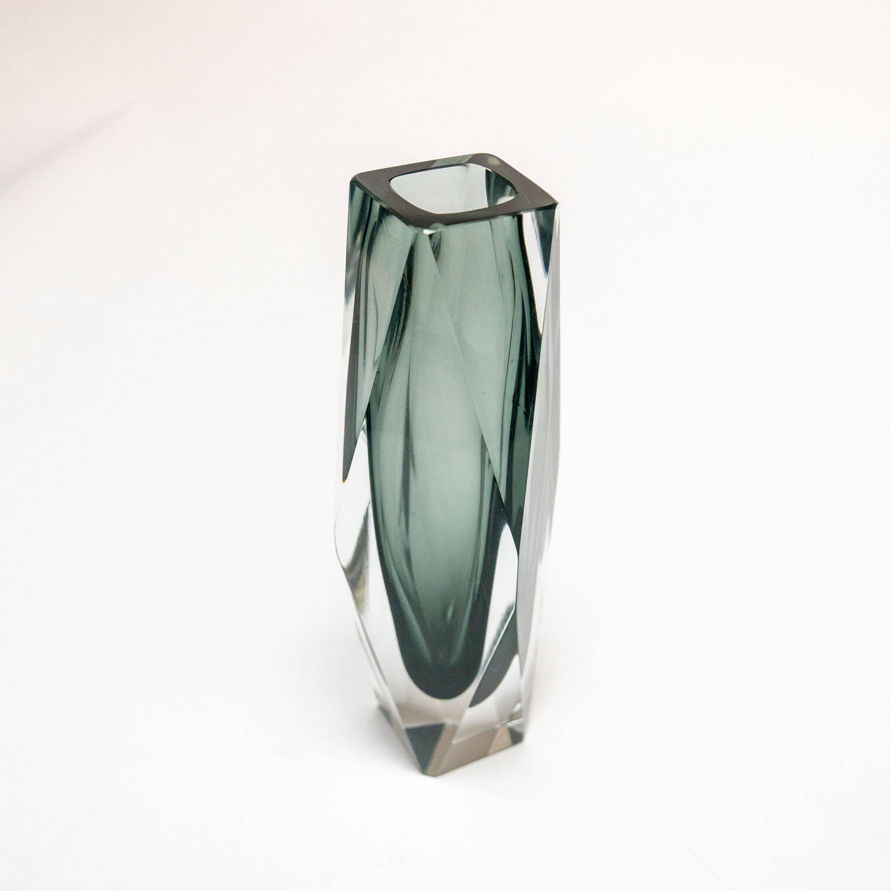 Vintage Geometric Vase in Grey "Sommerso" Murano Glass, Flavio Poli Style