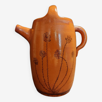 20th century ceramic chevrette enameled terracotta jug signed CM