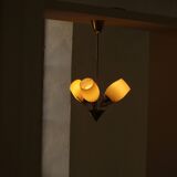 Paavo Tynell for Idman OY, 3-arm chandelier in brass and glass, mid-century, 1940s.