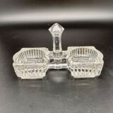 Transparent glass salt cellar with geometric patterns and rosettes