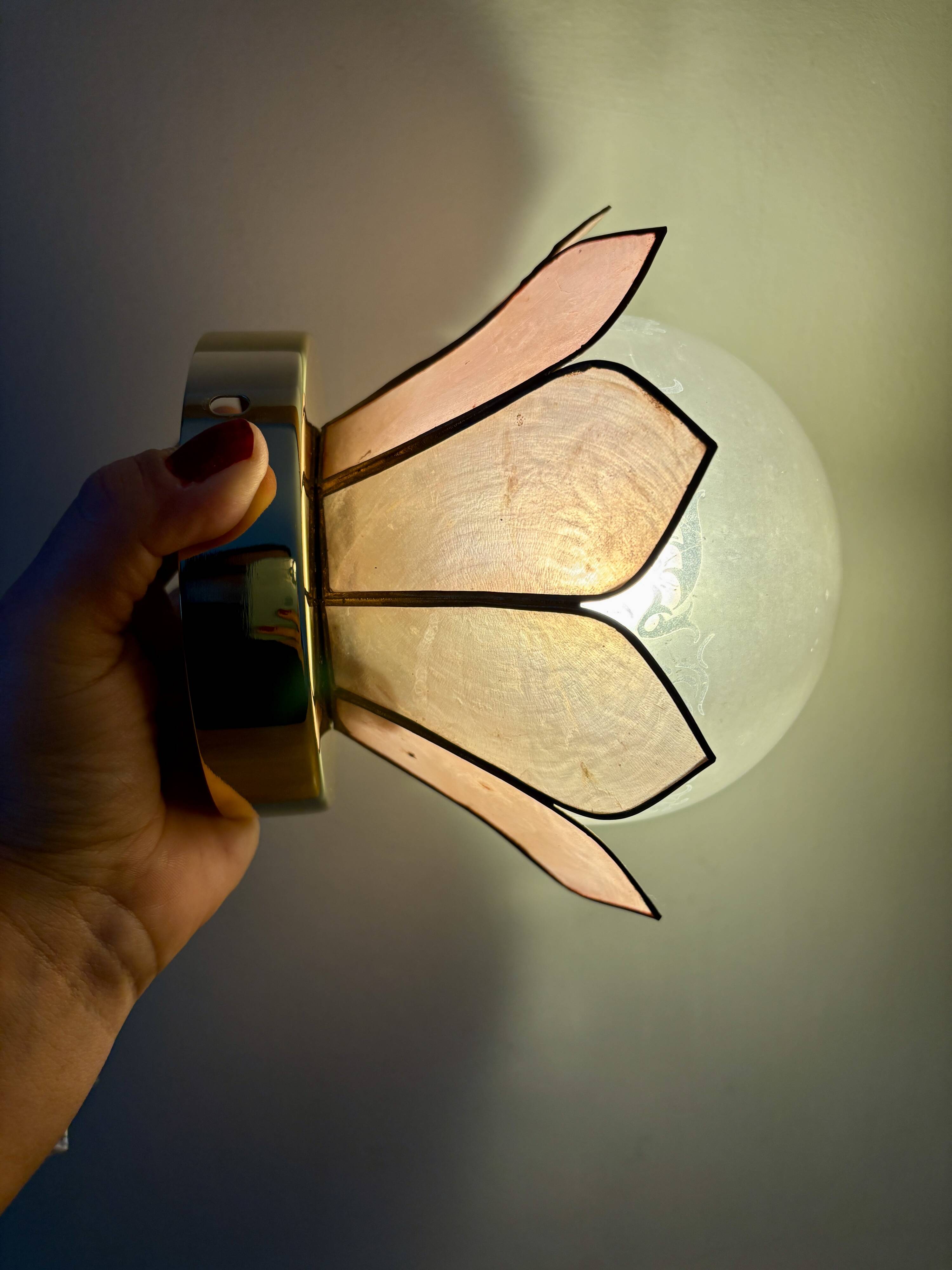 Vintage pink mother-of-pearl wall lamp with frosted glass globe