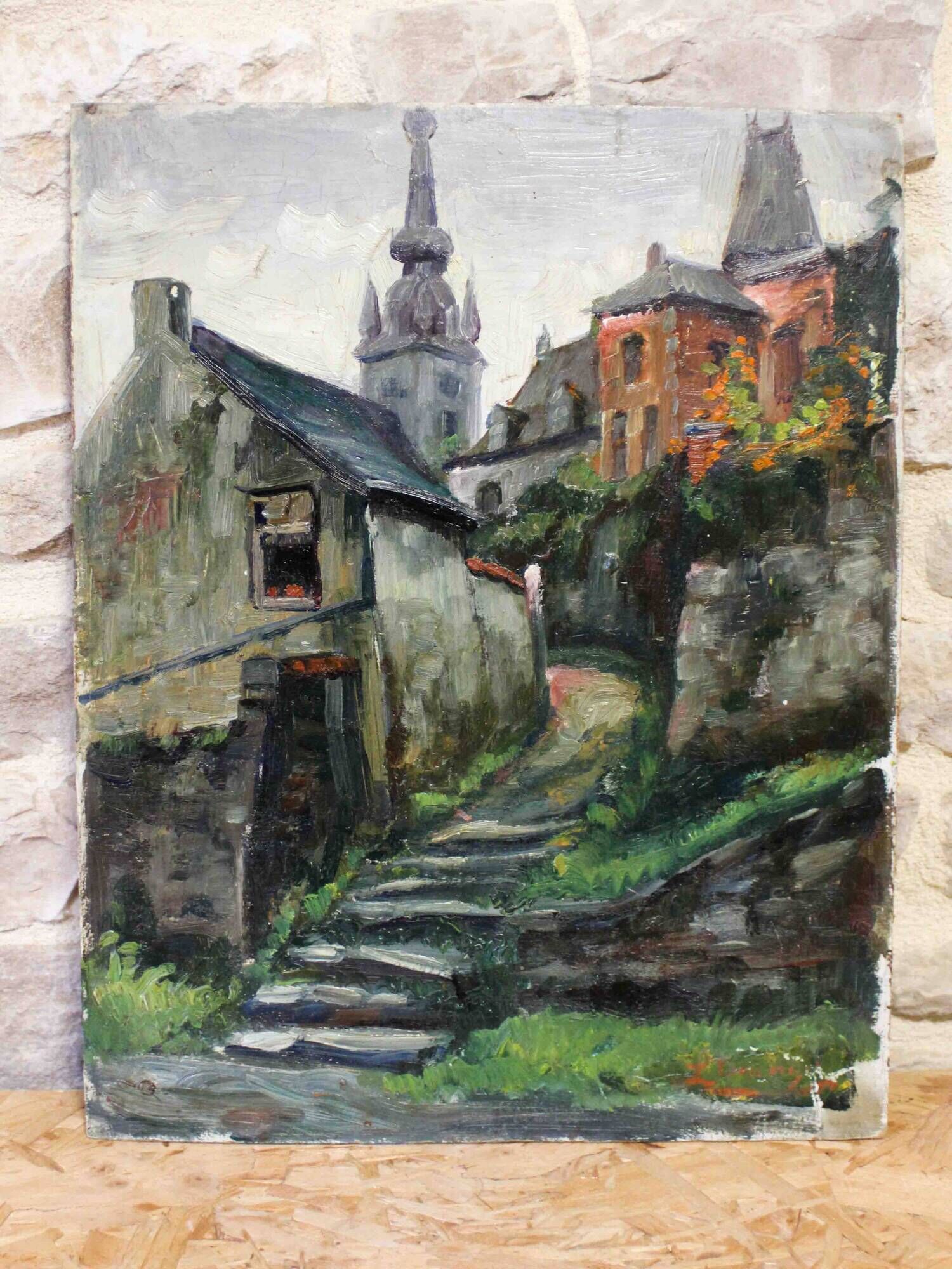 Oil on cardboard signed - View of a village