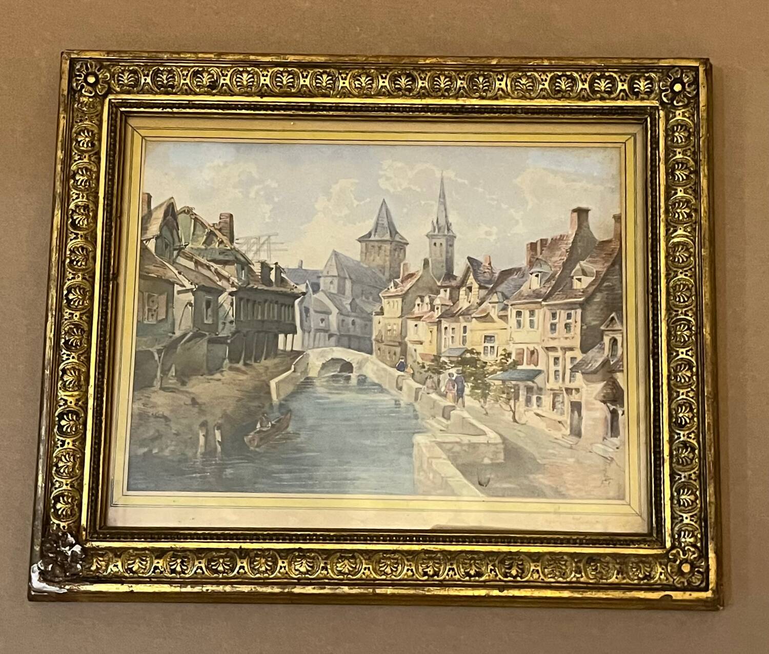 Framed antique engraving under glass