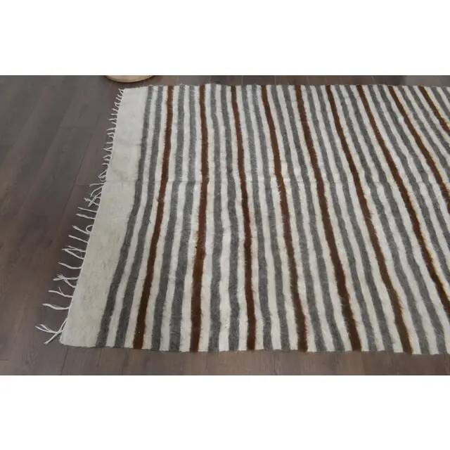 1970s Vintage Turkish Handmade Wool Cotton Beige Brown Kilim Rug 152x208