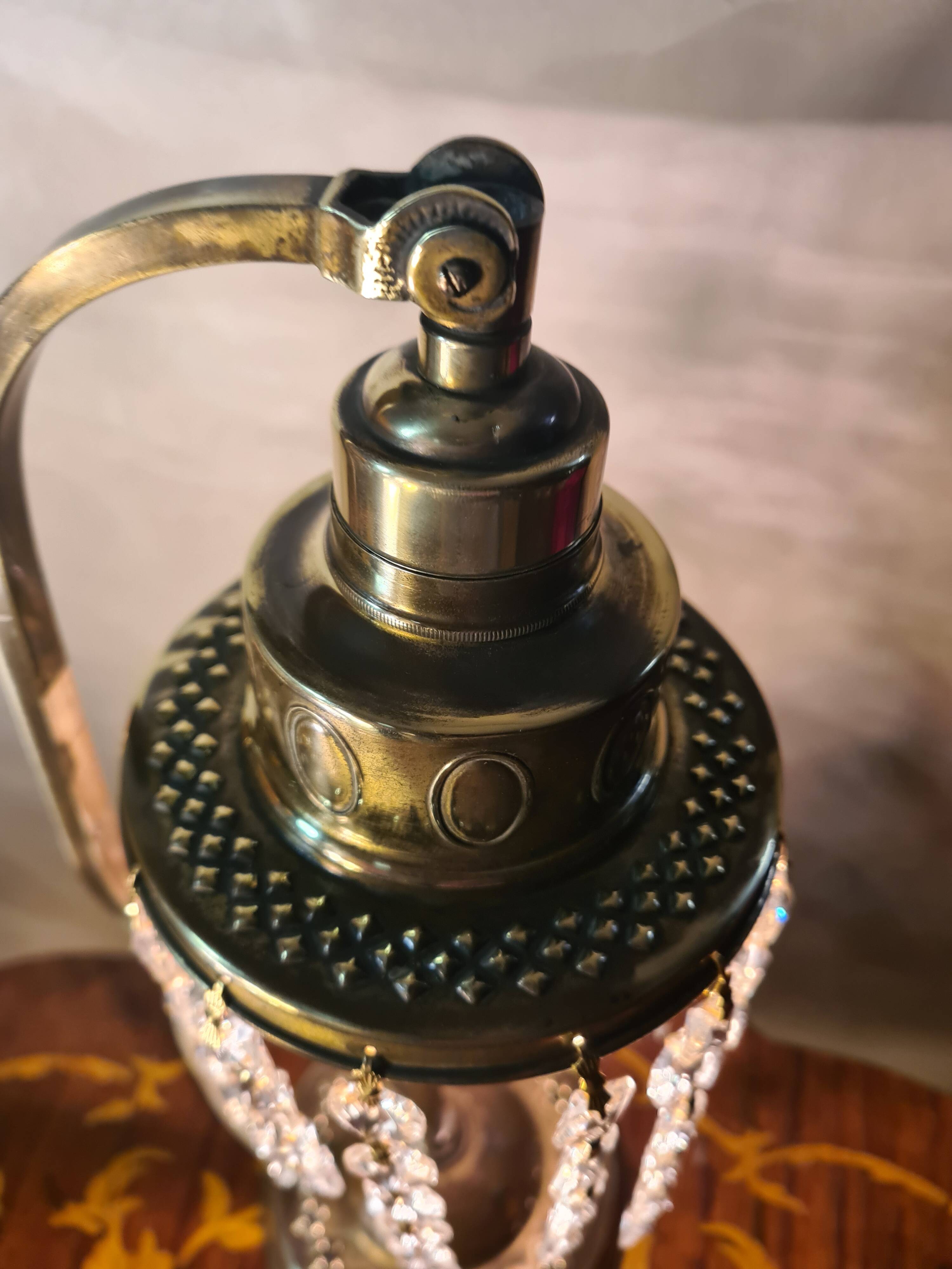 antique brass lamp with crystal pendant 33x14 slight signs of wear