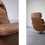 Vintage Mid-Century Danish Modern Brown Leather Swivel Chair and Ottoman