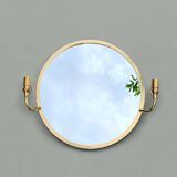 Grand miroir vintage rond en laiton doré avec deux appliques lumineuses - diamètre 50 cm