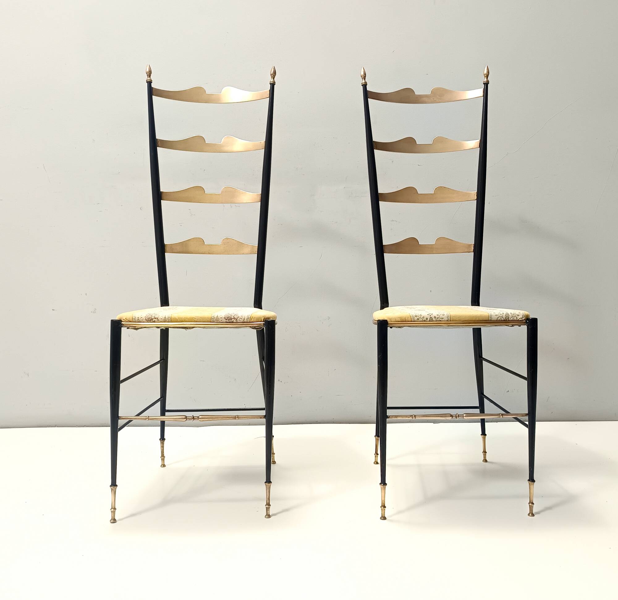 Pair of Vintage Brass and Metal Chiavarine Chairs with Yellow Fabric, Italy