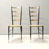 Pair of Vintage Brass and Metal Chiavarine Chairs with Yellow Fabric, Italy