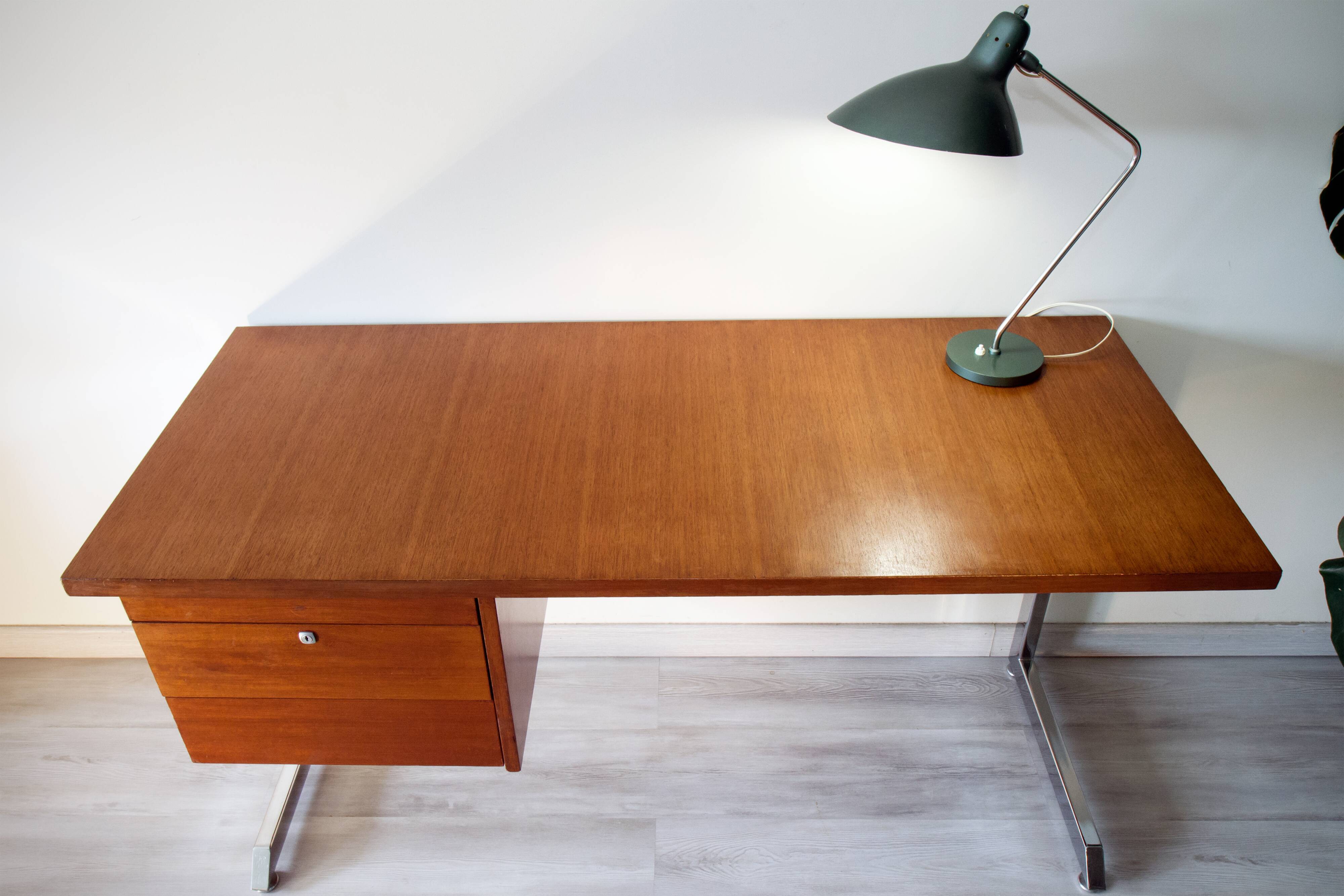 Ordo desk, teak, 1970, chrome cantilever footing