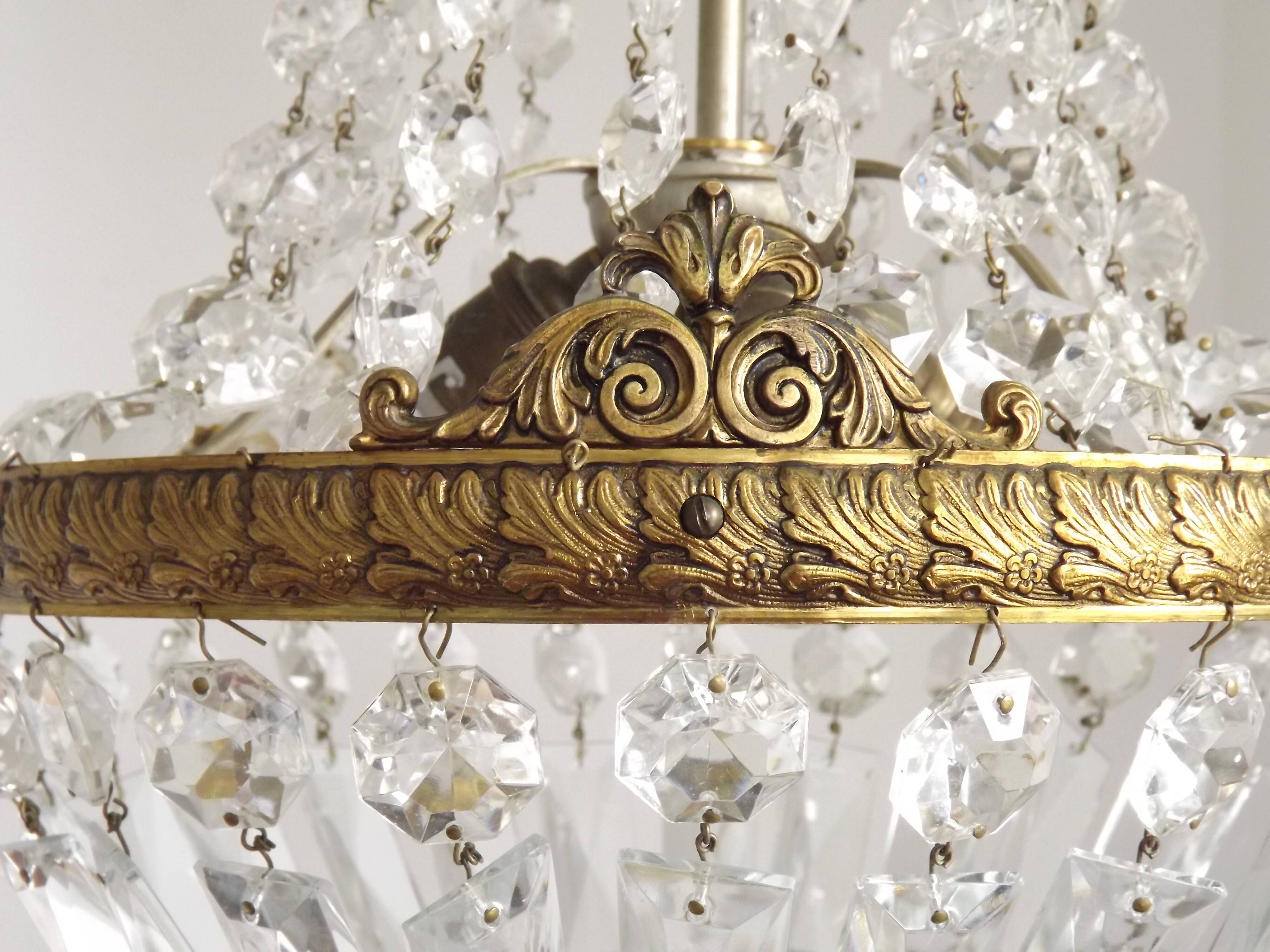 French Empire Style 3 Light Bronze Montgolfier Crystal Basket Chandelier