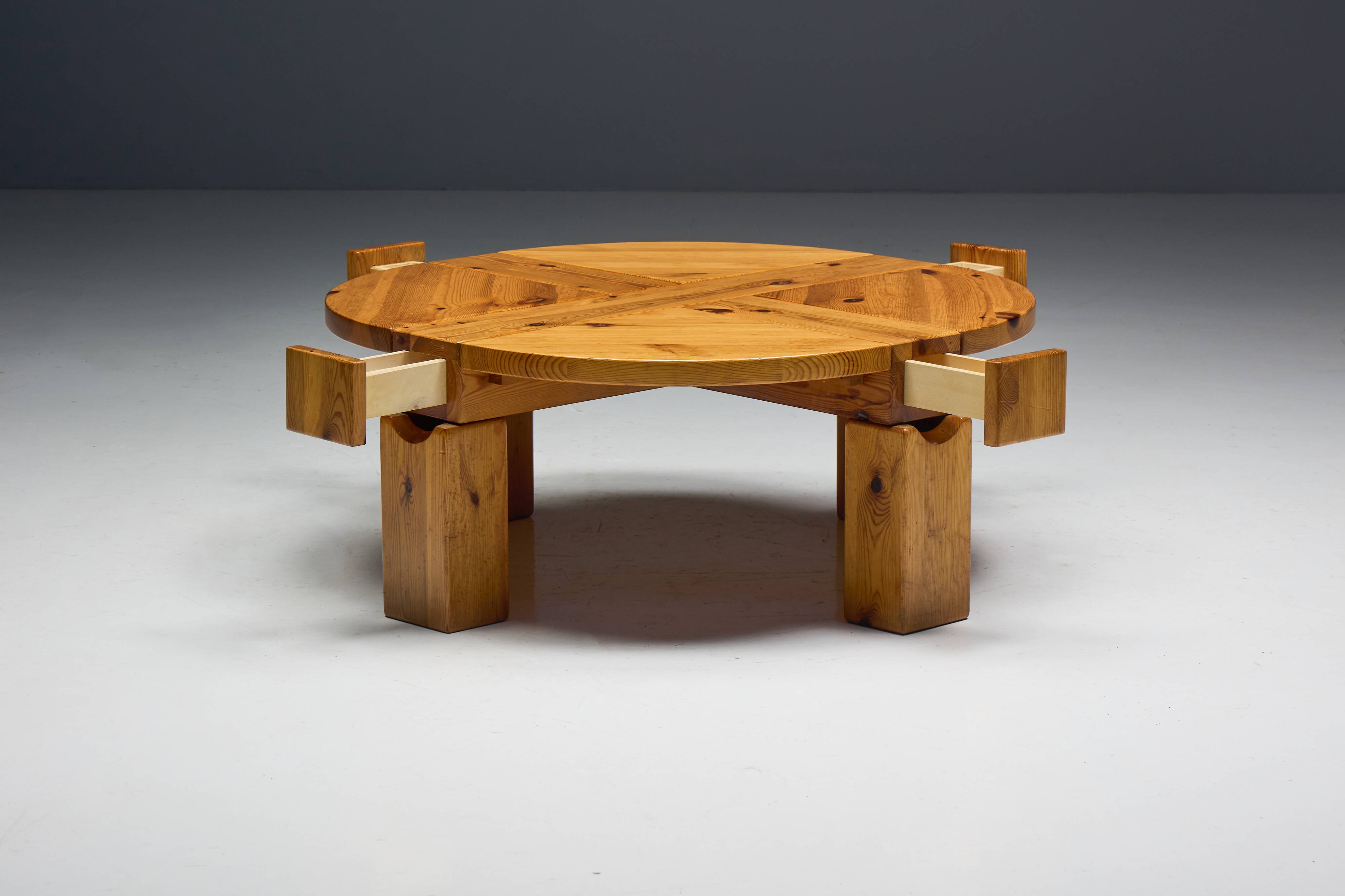Brutalist Pine Wood Coffee Table, Sweden, 1970s