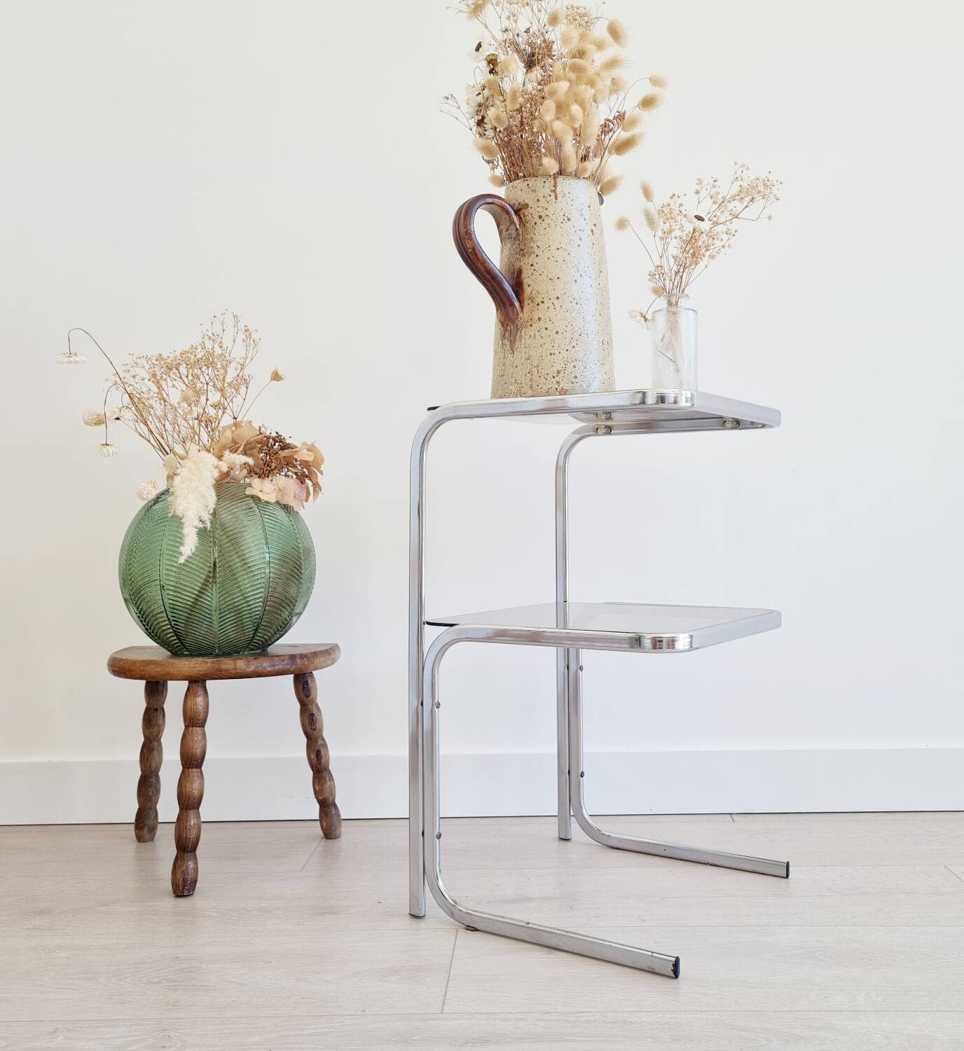 Side table - chrome and smoked glass table - vintage design